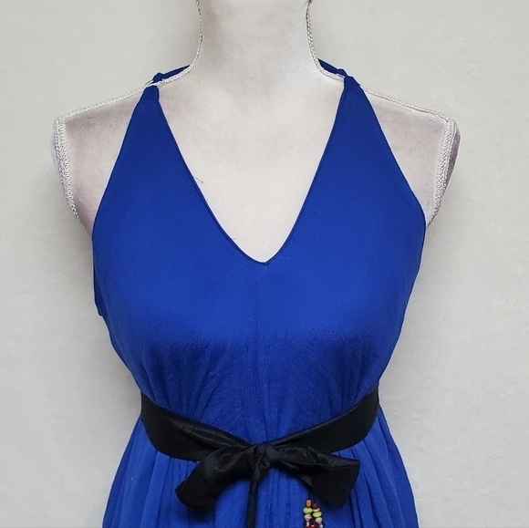 VINTAGE Cobalt Blue Asymmetric Sharkbite Hem V-neck Tie-Waist Gossamer Dress XL - Picture 6 of 16